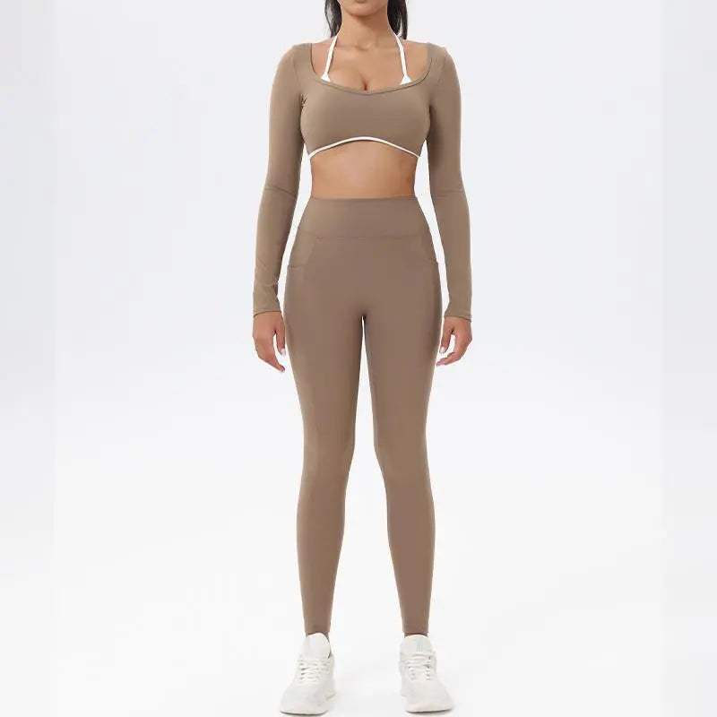 Summervibes Workout Sets for Women 2 Piece Outfits Seamless High Waist Leggings Yoga Long Sleeve Crop Tops Athletic Gym Sets Elegante Sport Halter Bra for Gym Workout Sets for Women Activewear High Waisted Outdoor Fun