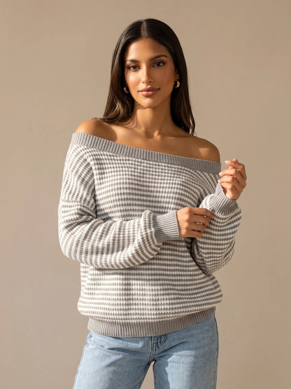 Chic Women's Slouchy Off-Shoulder Striped Balloon Sleeve Sweater - Cozy Drop Shoulder Loose Pullover for Fall & Winter