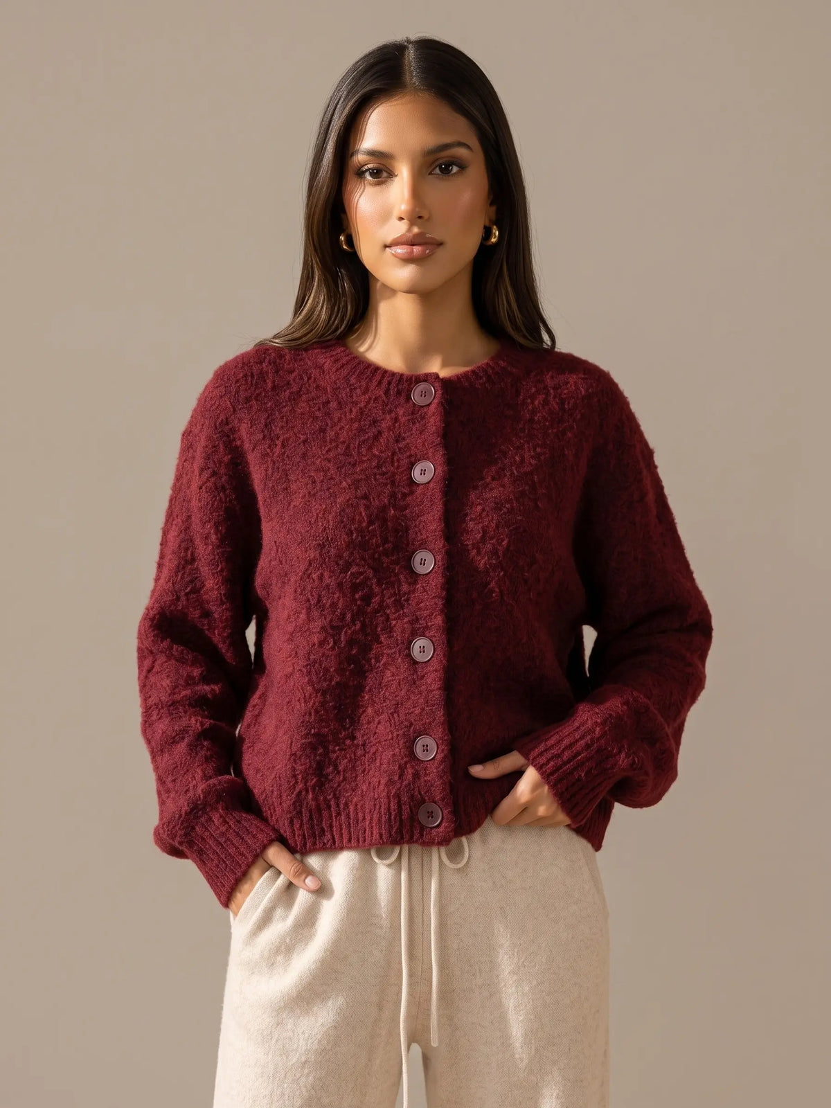 Katch Me Chic Women's Cozy Button-Up Knit Cardigan - Soft Fuzzy Long Sleeve Thermal Cropped Sweater for Fall & Winter Layering